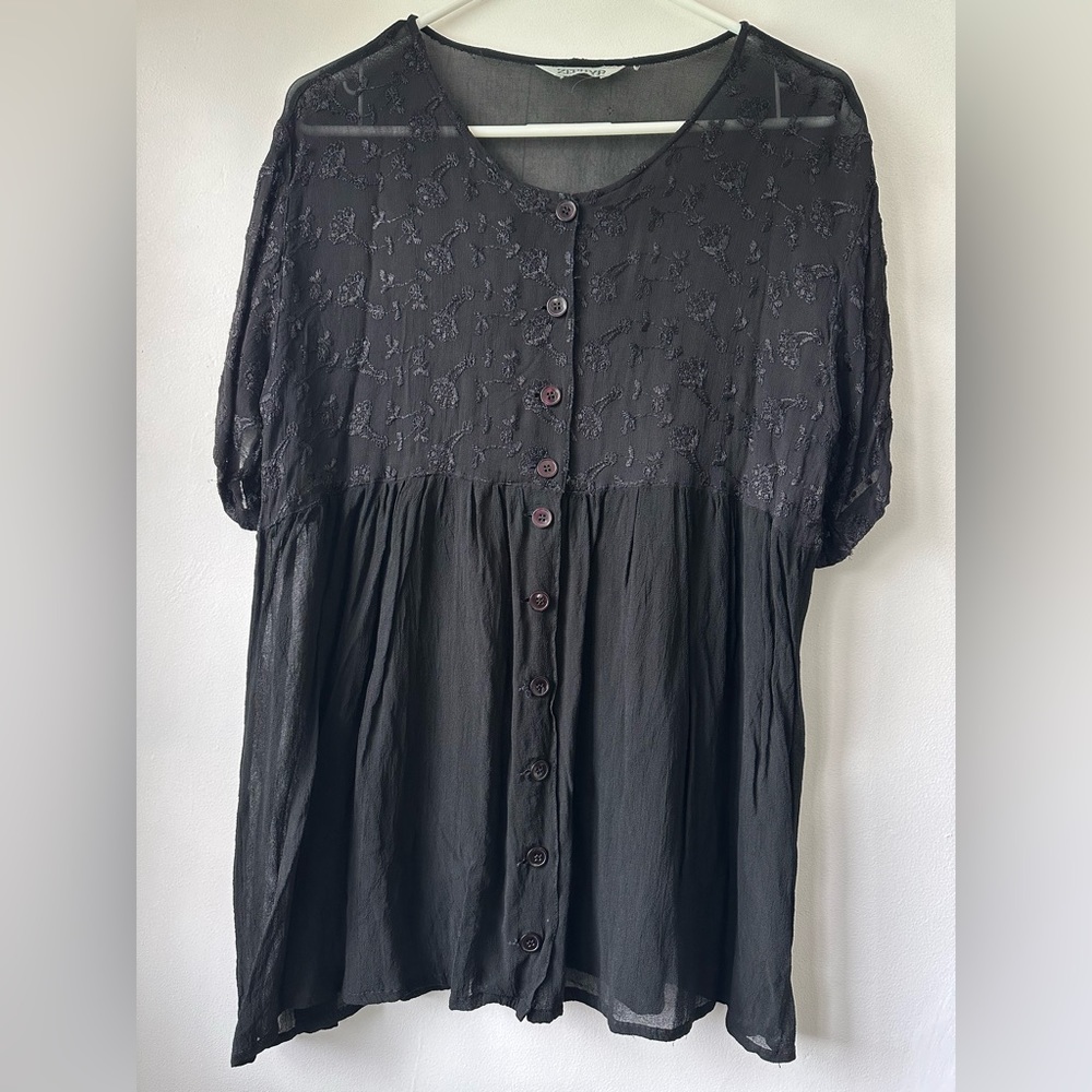 Vintage ZEPHYR Sheer Black Floral Embroidered Babydoll Button Front Tunic Dress
